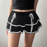 MOJOYCE  Lace-up Bow Cute Girls A-line Skirt Lace Tiered Layer Low Waist Black Kawaii Sweet Mini Skirt with Shorts Under Y2K