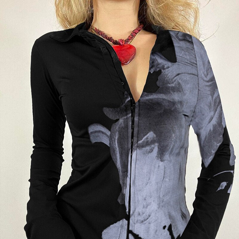 Mojoyce Print Retro Women Turndown Collar Shirt 2000s Vintage Full Sleeve Fitted Tops Black Grunge Buckle Up Tee Harajuku Fall Outfits 2023