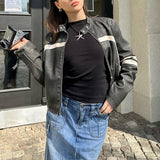 Mojoyce PU Contrast Color Zipper Jacket Women Streetwear Punk Rock Faux Leather Coat Korean Grunge Overcoat Y2K Fall Outfits 2023