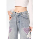 Mojoyce Blue Jeans for Women Embroidery High Waist Vintage American Fashion Streetwear Wide Leg Jean Female Trouser Baggy Denim Pants