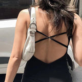 MOJOYCE Backless Cross Strape Jumpsuit High Street Women Sleeveless Casual Black Playsuit Fitness Basic Bodycon Rompers 2024