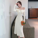 MOJOYCE-Elegant Vintage Knitted Evening Dress for Women Autumn Winter Fashion Long Sleeve Slim Dresses Knit Sweater Lady Clothing 2023