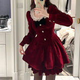 MOJOYCE Vintage Red Mini Dress Women Y2K Bow Lace Patchwork A Line Dresses Christmas Party Sweet Korean Square Collar Vestidos New