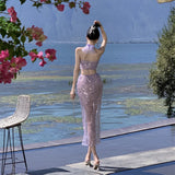 MOJOYCE-2024 New Summer Purple Sequin Set for Women Sexy Split Half-body Dress Beach Holiday Casual Elegant 2 Pieces Female Clothing