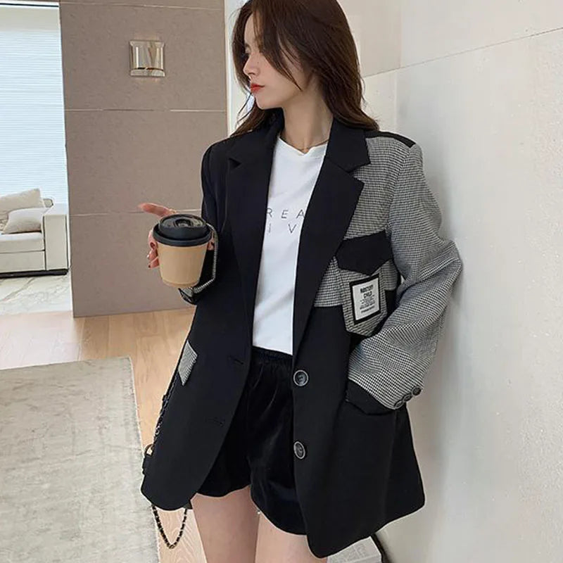 Mojoyce Plaid Contrast Color Suit Jacket Women Fall Spring 2023 Korean Fashion Single Breasted Blazer Female Elegant Pocket Outwear Coat