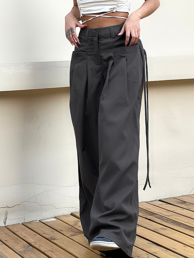 Mojoyce Shirring Casual Wide Leg Pants Women High Waist Street Basic Loose Sweat Trousers Korean Retro Gray Office Lady Pants