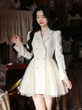 Mojoyce-Spring Elegant Blazer Dress Women Lace Patchwork Party Mini Dress Female Button Casual Korean Fashion Y2K Bow Kawaii Dress 2024