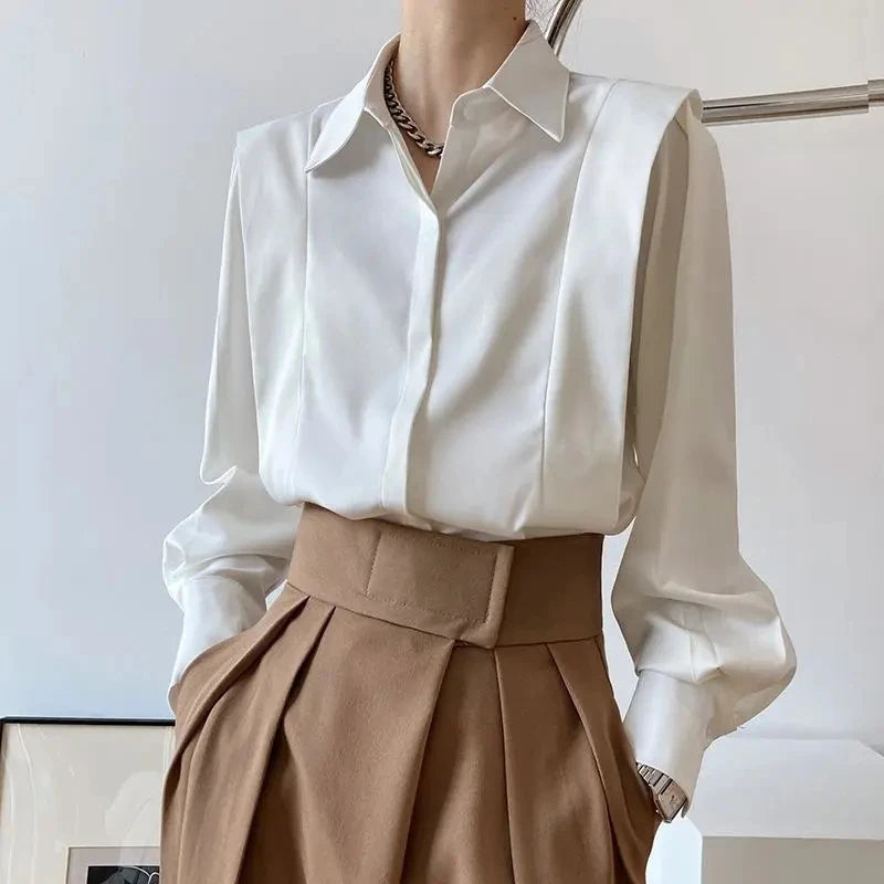 Mojoyce White Satin Elegant Blouses Women Long Sleeve Office Ladies Chic Shirts Korean Fashion Design Sense Spring Autumn Shirts Female