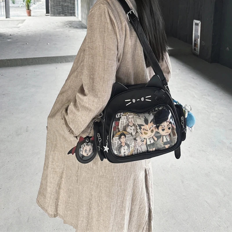 Mojoyce-Y2K Korean Japan Kawaii Cat Ita Bag PU Cute Girls Transparent Pocket Aesthetic Shoulder Crossbody Bags Women's Fashion Backpacks