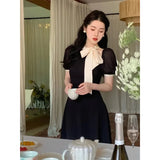 MOJOYCE Vintage Elegant Dress Women Fairy Bow Lace Up Puff Sleeves A Line Midi Dresses Summer Office Lady Korean Casual Vestidos