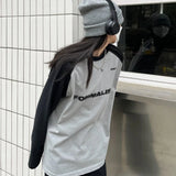Mojoyce Patchwork Long Sleeve T-shirts Women Black Gray Tees Harajuku Vintage Oversize Tops Female Spring Autumn Korean Simple Pullovers