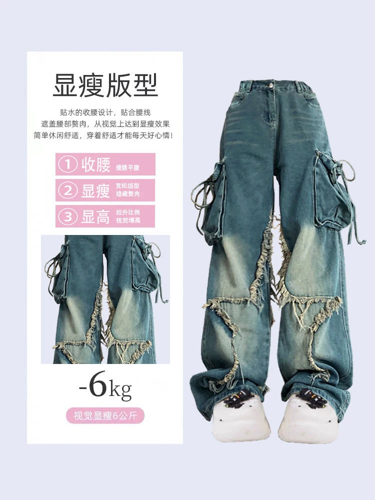 Mojoyce-Women Blue Cargo Jeans Baggy Vintage 90s Aesthetic High Waist Cowboy Pants Harajuku Denim Trousers Y2k Trashy 2000s Clothes 2024