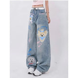 Mojoyce Blue Jeans Women Graffiti High Waist American Wide Leg Pants Y2K Style Fashion Streetwear Female Pants Winter Straight Trousers