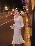 MOJOYCE-2024 New Vintage Long Sleeved Satin Midi Dresses Fishtail Square Neck White Slim Waist Elegant Party Birthday Dress for Women