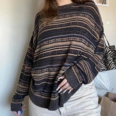 Mojoyce-2024 Fall Outfits 00s Cottage Grunge Striped Knitted Sweater Autumn O Neck Long Sleeve Knitwears Preppy Style Vintage Y2K Baggy Pullovers Women