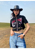 MOJOYCE-American Vintage O Neck Tshirts Summer Half Sleeve Women Zipper Tees Y2k High Waist Camisetas Letter Embroidery Crop Tops