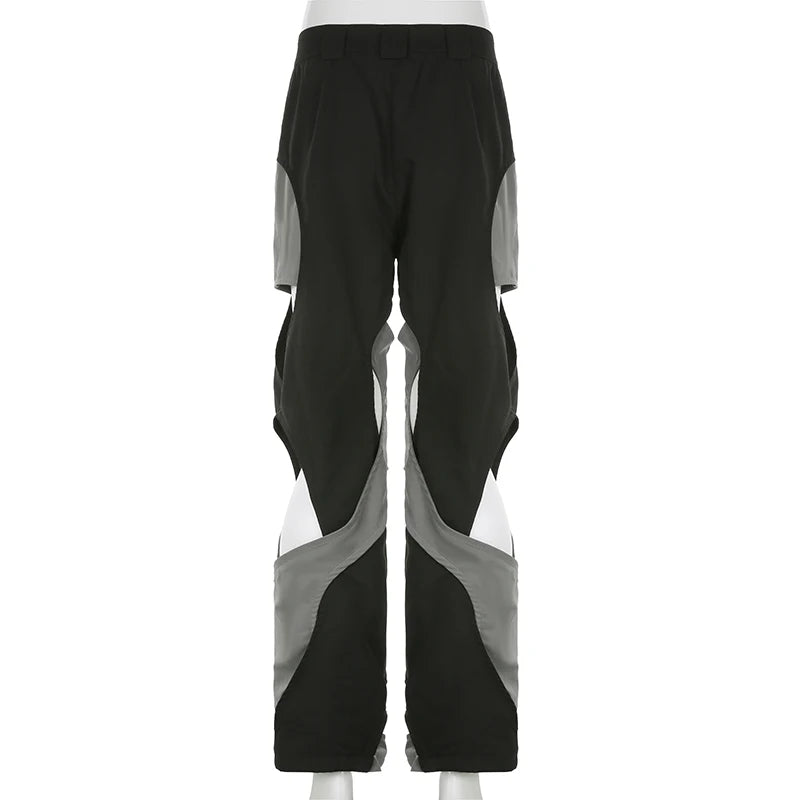 MOJOYCE-y2k Techwear Casual Pants Chic Contrast Hollow Out Baggy Women Cargo Pants Streetwear Low Rise Sweatpants Korean Fashion