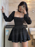 Mojoyce-Black Vintage 3 Piece Skirt Set Women Sexy Lolita Y2k Mini Skirt Suit Female Casual Korean Fashion Long Sleeve Retro Set 2024