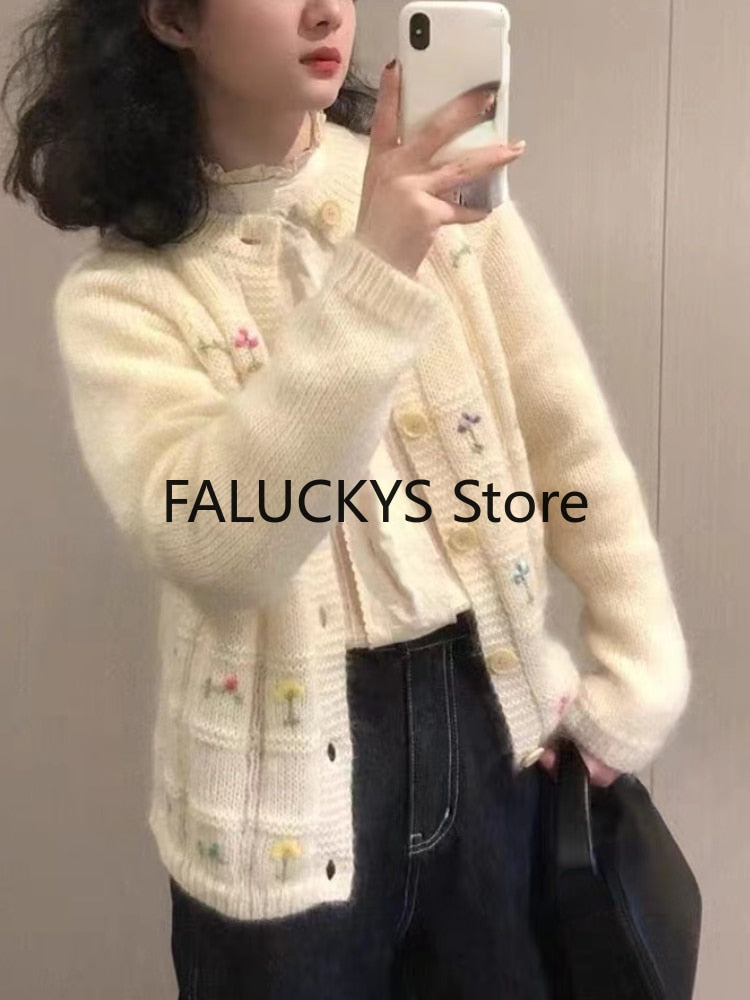 Mojoyce 2023 Autumn Sweet Floral Knitted Cardigan Office Lady Casual Long Sleeve Blouse Women Party Elegant Y2k Sweater Korean Fashion