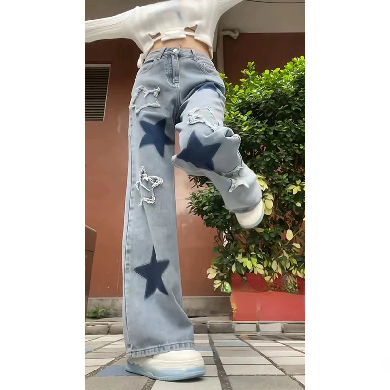 Women's Baggy Blue Star Jeans Vintage Y2k 90s Aesthetic Denim Trousers Harajuku High Waist Wide Cowboy Pants 2000s Clothes 2024