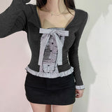 Mojoyce Korean Preppy Women Y2K Fitted Tops Gray Chic Patchwork Bow Lace-up T-shirt Cute Square Collar Tee Vintage Fall Outfits 2023