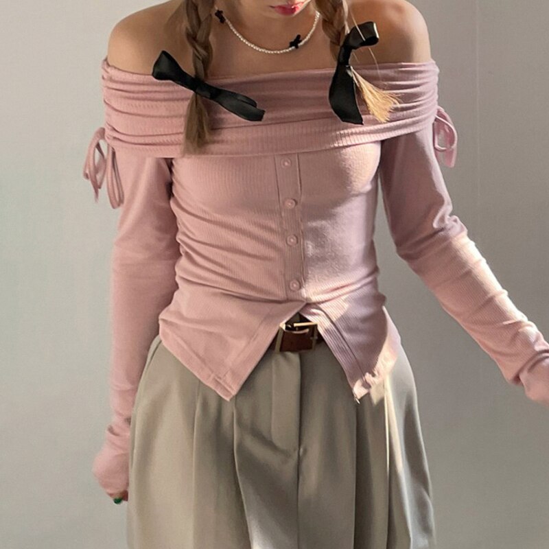 Mojoyce Cute Slash Neck Women T-shirt Drawstring Long Sleeve Off Shoulder Button Top Sweet Korean Kawaii Tee Autumn Lady