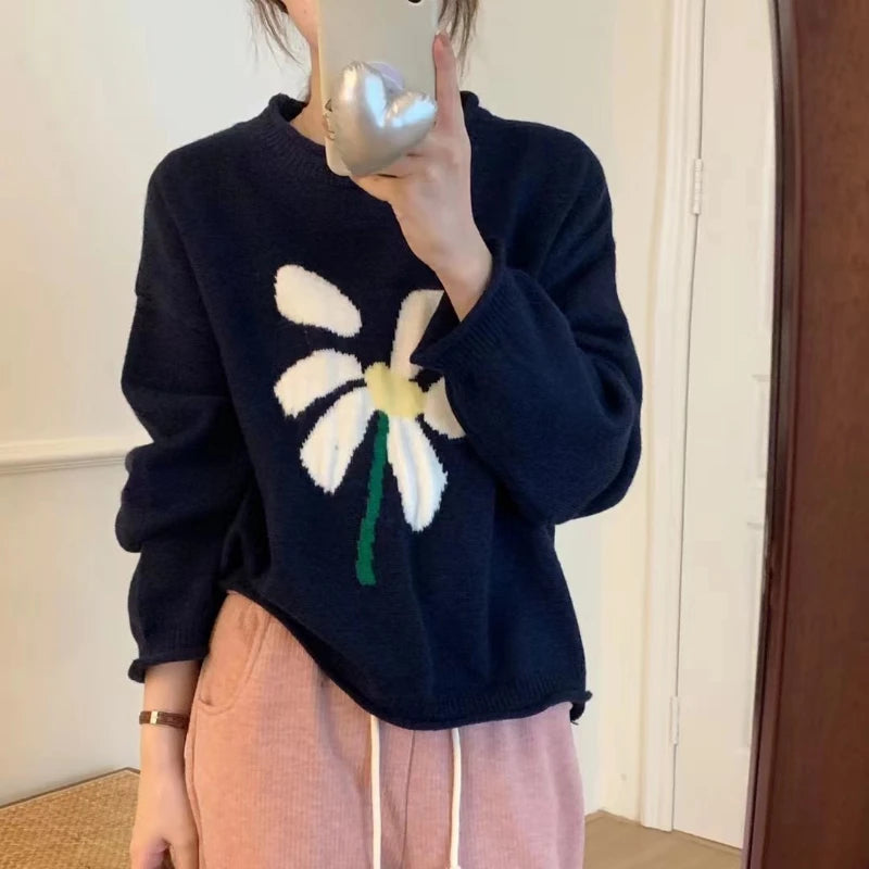 Mojoyce Oversized Knitted Pullover Sweater Women Casual Flower O Neck Long Sleeve Warm Sweaters Autumn Winter Thicken Soft Female Jumper
