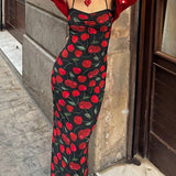 MOJOYCE Cherry Print Vacation Sundress Back Split Elegant Ladies Y2K Spaghetti Strap Long Dress Cute Aesthetic Maxi Dresses