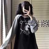 MOJOYCE-Harajuku Korean Preppy Style Tees Raglan Sleeve Black Bf Contrast Color Tshirts Bear Print O Neck Y2k Women Camisetas Oversize
