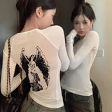 MOJOYCE-Slim Waist Women Vintage Mesh Tees Korean White Y2k Tshirts Angel Print Bottoming O Neck Sexy Sheer Camisetas Short Tops