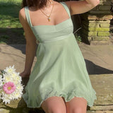 Mojoyce Green Sweet Female Short Dress Chic Aesthetic Y2K Cute Sleeveless Summer Dresses Hollow Backless Ruffles Dress1012
