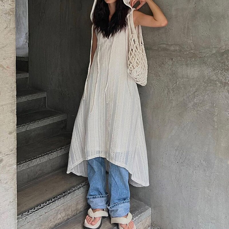 Mojoyce Casual Women Hooded Dress Loose Fit Holiday Outfits Sleeveless Chic Hollow Out Trendy Street Long Dresses Korean 90s