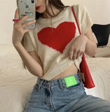 MOJOYCE-Sexy Crop Tops Korean Knitted Tshirts Short Sleeve Women Ice Silk Tees O Neck Heart Print Y2k Camisetas High Waist Slim Fit