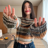 Mojoyce Rainbow Slash Neck Knitted Sweaters Women Retro Fashion Slim Long Sleeve Sweaters Harajuku Off Shoulder Chic Jumper Y2k Clothes