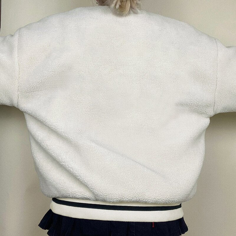 Mojoyce Preppy Oversized Zip Up Coat Artificial Lamb Down Fabric White Casual Winter Jackets Letter Print Y2K Cute Sweatshirt