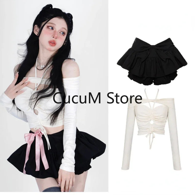 2024 Spring Off Shoulder White Crop Top Women's Black Mini Pleated Skirt Cute Two 2 Piece Outfits for Shorts Set Women Shirts