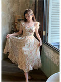 MOJOYCE-Summer 2023 Short Sleeve Floral Print Dress for Women Vintage Female High Waist Puff Sleeve Holiday Beach Dress Korean
