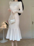 MOJOYCE-Elegant Knitted Fishtail Dress for Women Autumn Winter White Black O-neck High Waist Slim Chic Party Solid Button Dresses
