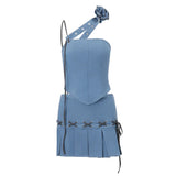 MOJOYCE Fashion New Two Piece Set Summer Blue Y2K Sleeveless Slanted Neck One line Neck Strap Top and Pleated Mini Dress