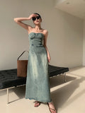 Mojoyce-Vintage Elegant Party Midi Dress Women Korean Style Denim Strapless Dress A-line Temperament Sexy Streetwear Designer Dress 2024