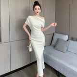 MOJOYCE-Elegant Chic Party Evening Dress for Women One Shoulder Folds Ladies Fashion Vintage Slim Long Bodycon Dresses Summer 2023