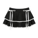 MOJOYCE  Lace-up Bow Cute Girls A-line Skirt Lace Tiered Layer Low Waist Black Kawaii Sweet Mini Skirt with Shorts Under Y2K
