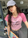 MOJOYCE-Slim Fit Summer High Waist Crop Tops Tees Women Retro Half Sleeve Hotsweet American Letter O Neck Y2k Pink Harajuku Tshirts