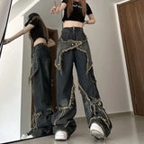 Mojoyce Vintage Tassel Design Jeans Women High Waist Fashion Autumn Straight Trousers Hip Hop Y2k Wide Leg Denim Pants Female Streetwear