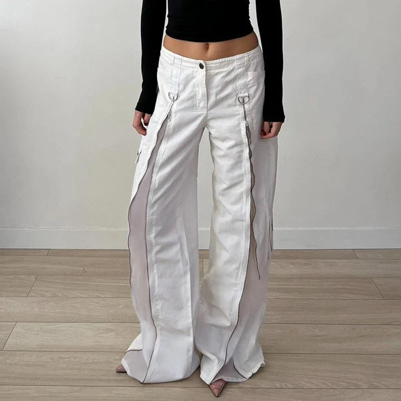 MOJOYCE Streetwear Grunge Zipper Up Baggy Jeans White Lady Fashion Casual Wide Leg Pants Hip Hop Women Loose Sweatpants Y2K