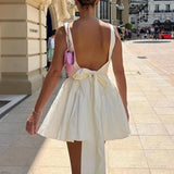 MOJOYCE Women Sexy Tie Back Short Dress French Style Elegant Square Collar Backless A-line Dresses Holiday Summer Fairycore