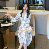 MOJOYCE-New Vintage Floral Dress for Women with Long Sleeves Office Lady V-neck Elegant Chic Ladies Slim Print Dresses Autumn Fashion