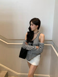 MOJOYCE-Black White Striped Slash Neck Tops Slim Waist Tshirts Korean Women Off Shoulder Sexy Long Sleeve Camisetas Y2k Tees
