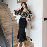 MOJOYCE-New French Vintage Floral Dress for Women Long Sleeve Two Piece V-Neck Trumpet 2023 New Autumn Winter Fashion Dress Sets
