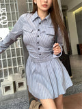MOJOYCE-Elegant Vintage Blue Striped Women Mini Dresses Autumn Fashion 2023 New Pleated Long Sleeve Holiday Party Shirt Dress Korean